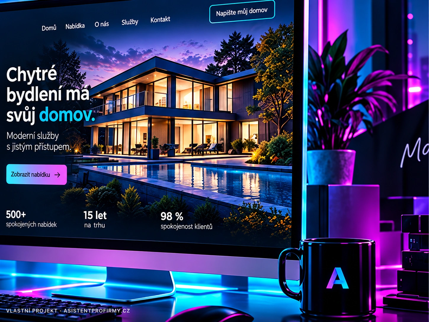 Vizuální návrh webu AsistentProFirmy s neonovým monitorem